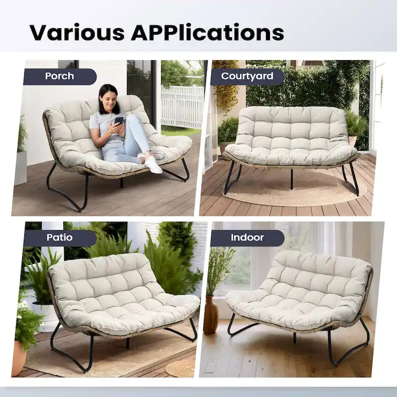 Ce fauteuil double en rotin est livré avec un coussin et convient aussi bien à une utilisation intérieure qu'extérieure.