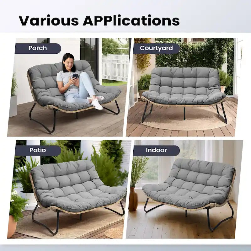 Ce fauteuil double en rotin est livré avec un coussin et convient aussi bien à une utilisation intérieure qu'extérieure.